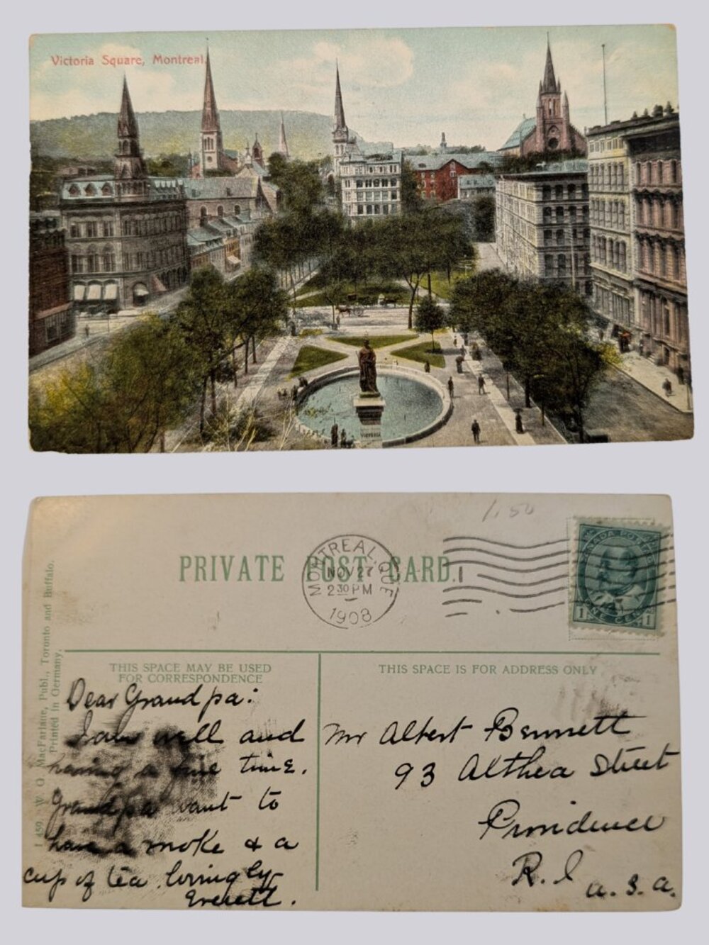 POSTCARD SALE 10/$20 Montreal Postmarked 1908 Victoria Square 1¢ Stamp Postcard